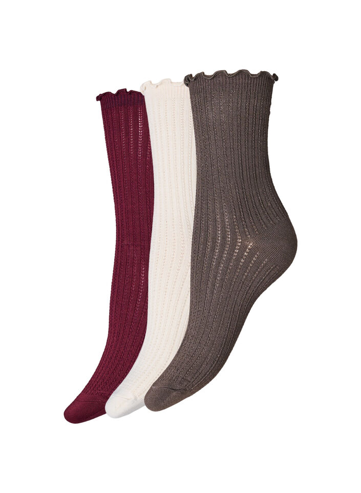 Lot de 3 chaussettes c&ocirc;tel&eacute;es avec un bord ondul&eacute;, Marron, Packshot image number 0