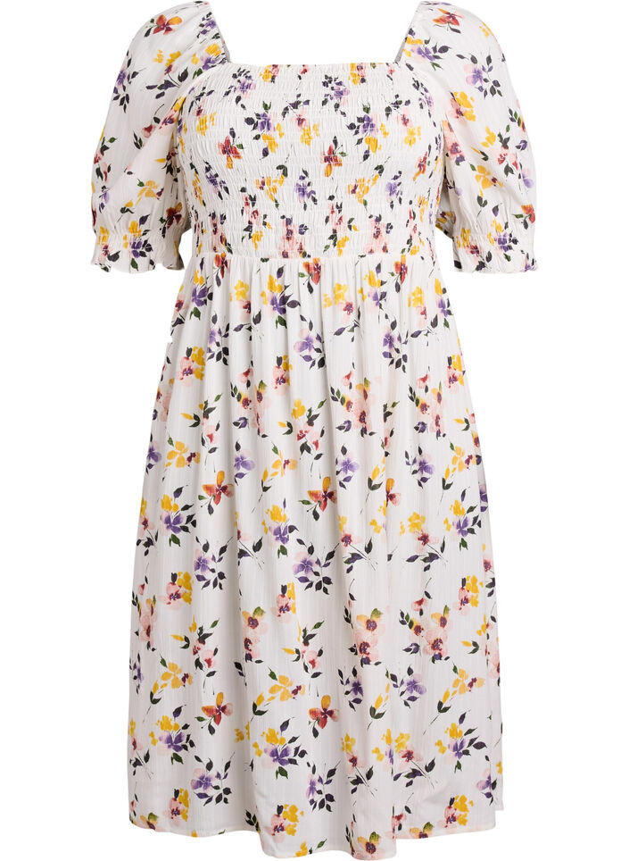Robe midi en viscose &agrave; fleurs avec smock, Blanc, Packshot image number 0