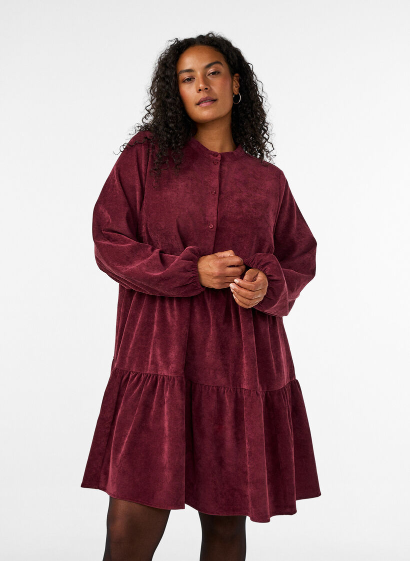 Robe en velours c&ocirc;tel&eacute; coupe A avec col montant, Bordeaux, Model image number 0