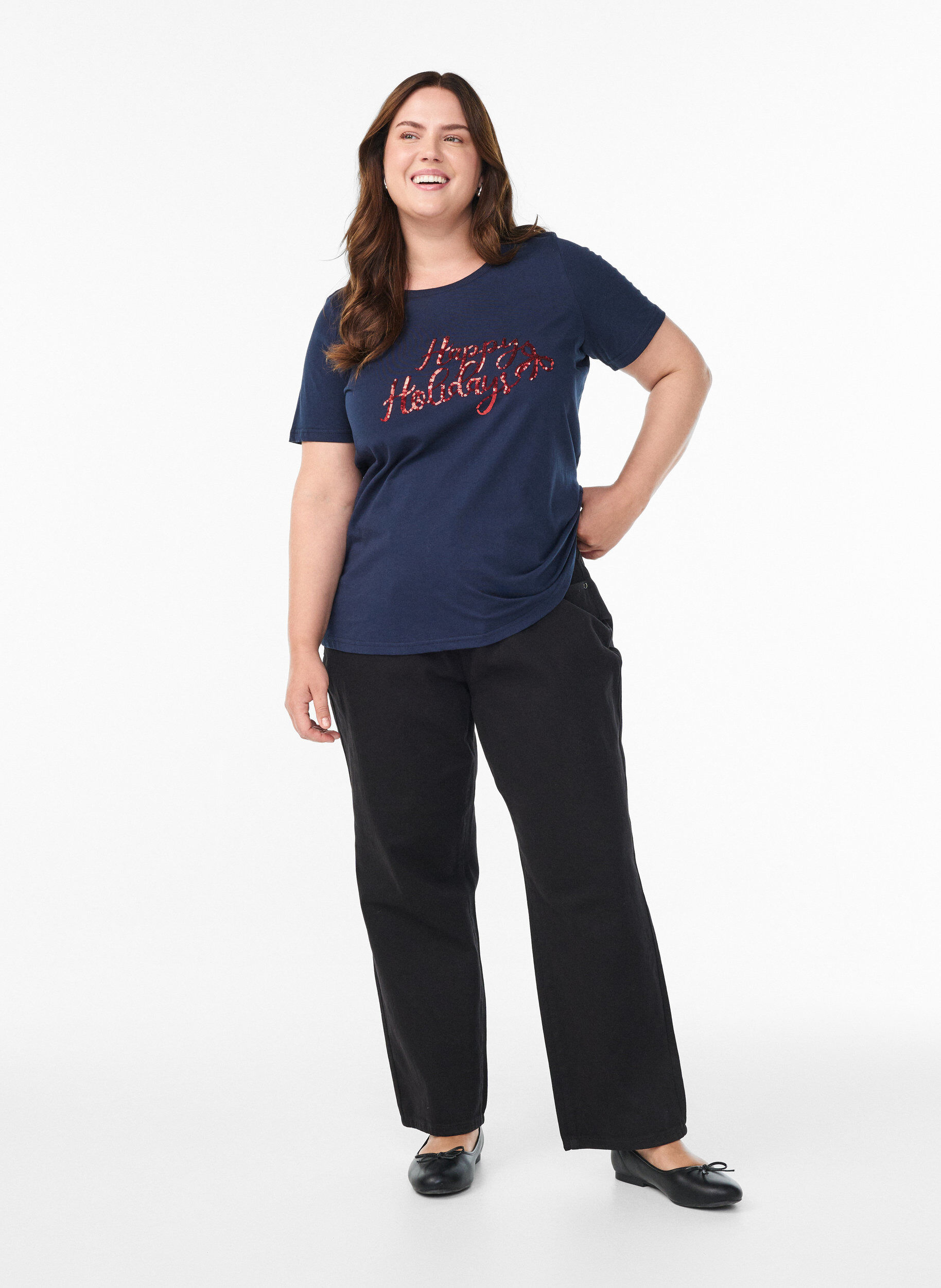 Zizzi T-shirt de No&euml;l en coton bio, Bleu, Model image number 1