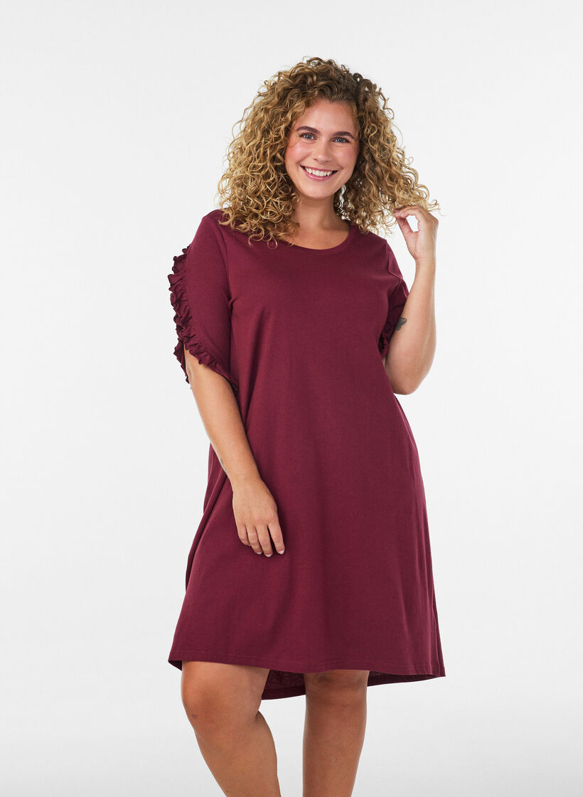 Chemise de nuit en coton bio avec manches &agrave; volants, Bordeaux, Model image number 0