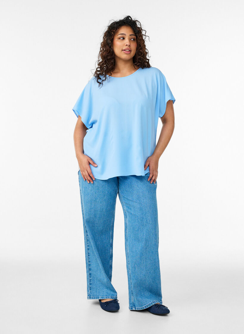 Blouse &agrave; manches courtes et encolure ronde, Bleu, Model image number 1