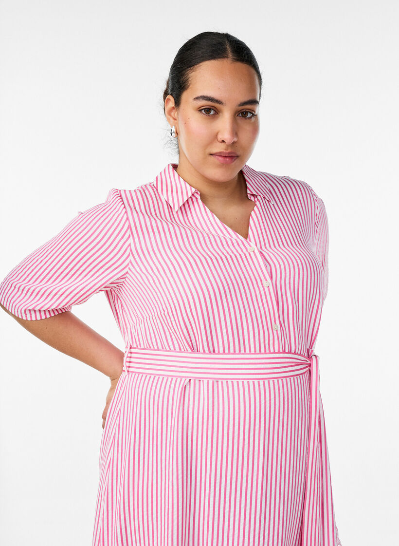 Robe-chemise longue jusqu&rsquo;aux chevilles avec ceinture &agrave; nouer et rayures, Rose, Model image number 2
