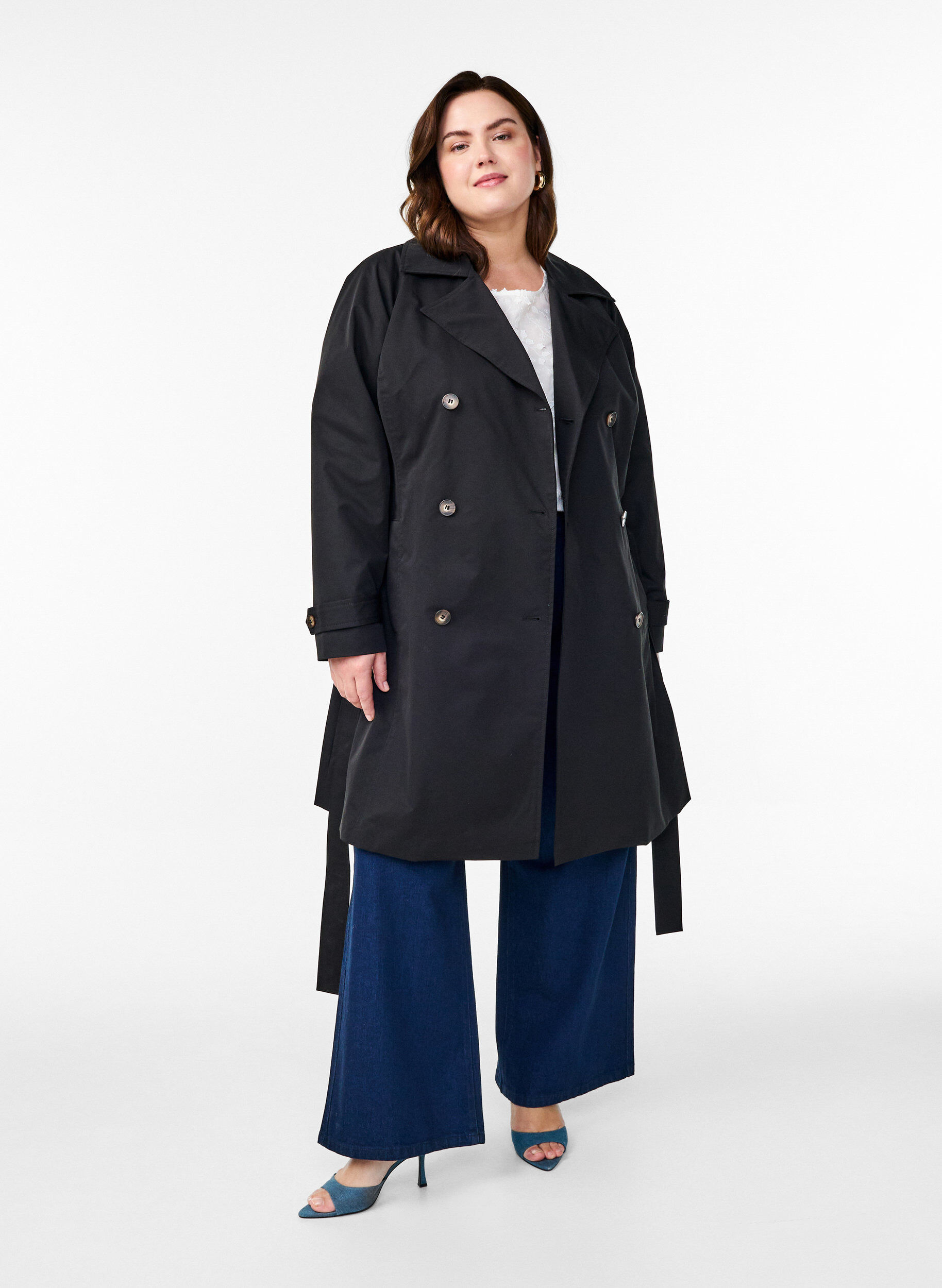 Zizzi Trench-coat mi-long avec ceinture, Black, Model image number 2