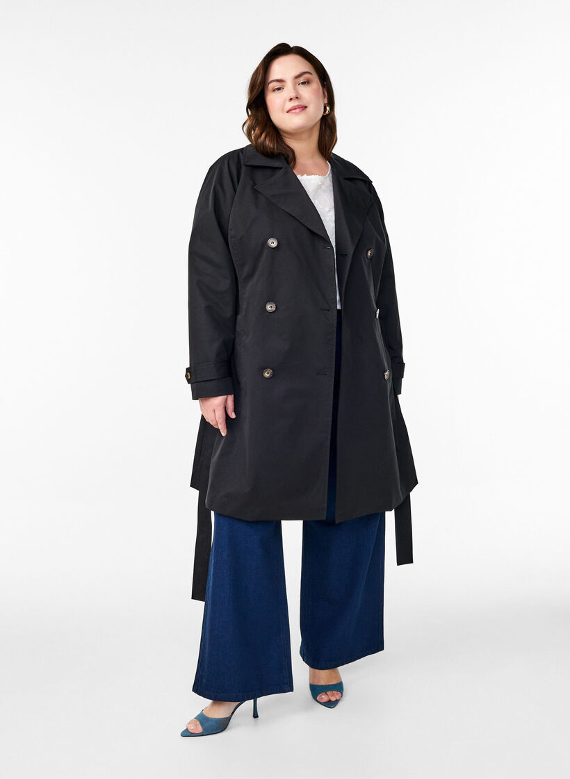 Trench-coat mi-long avec ceinture, Black, Model image number 2