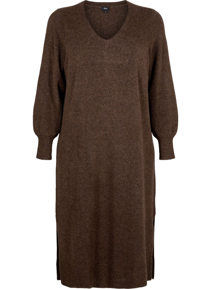 Robe en maille &agrave; manches longues et col en V, Marron, Packshot image number 0