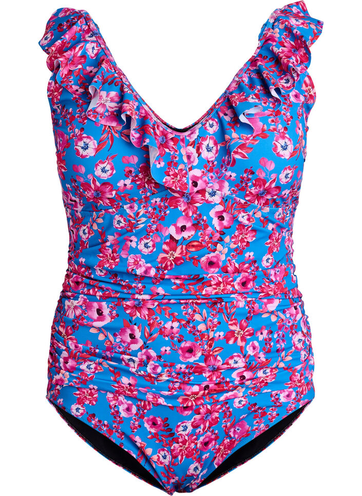 Maillot de bain floral &agrave; volants et coussinets amovibles, Bleu intense, Packshot image number 0